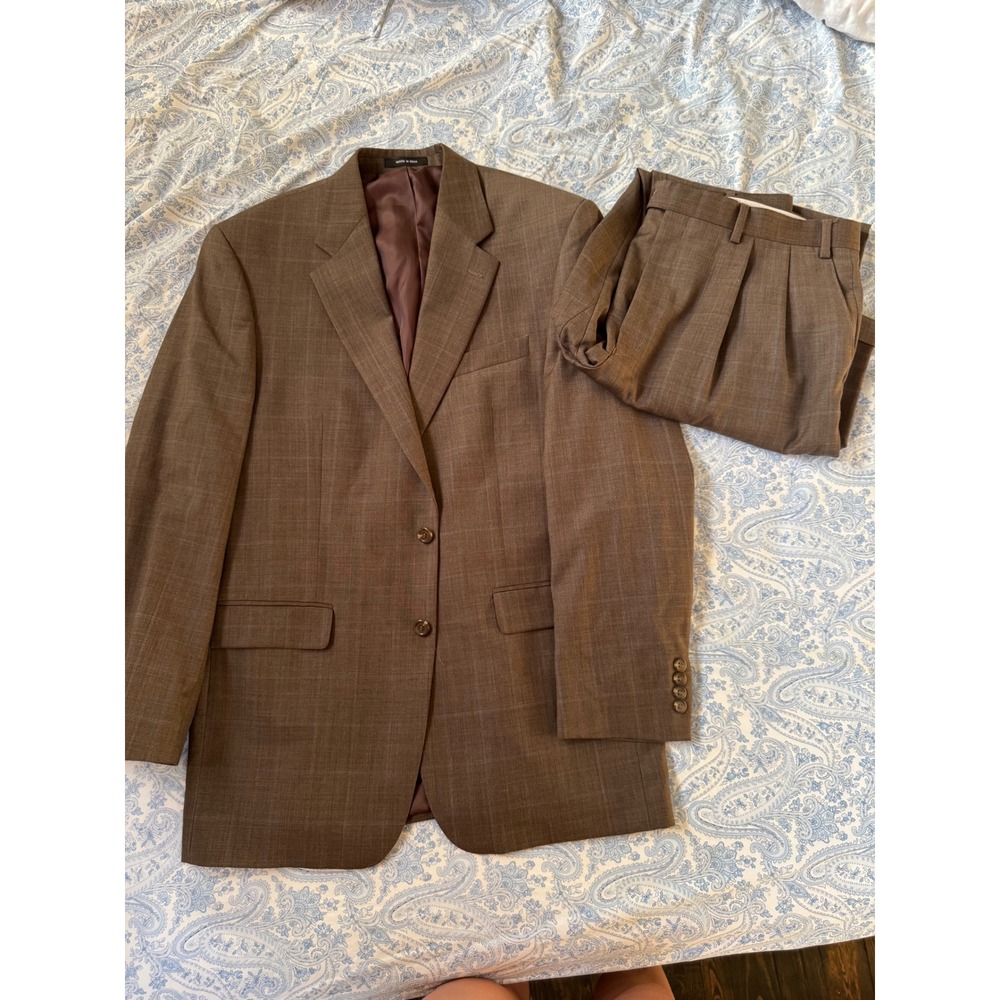 Lauren Ralph Lauren Mens Brown Plaid 100% Wool 2 Piece Suit 42L Pleated Cuffed